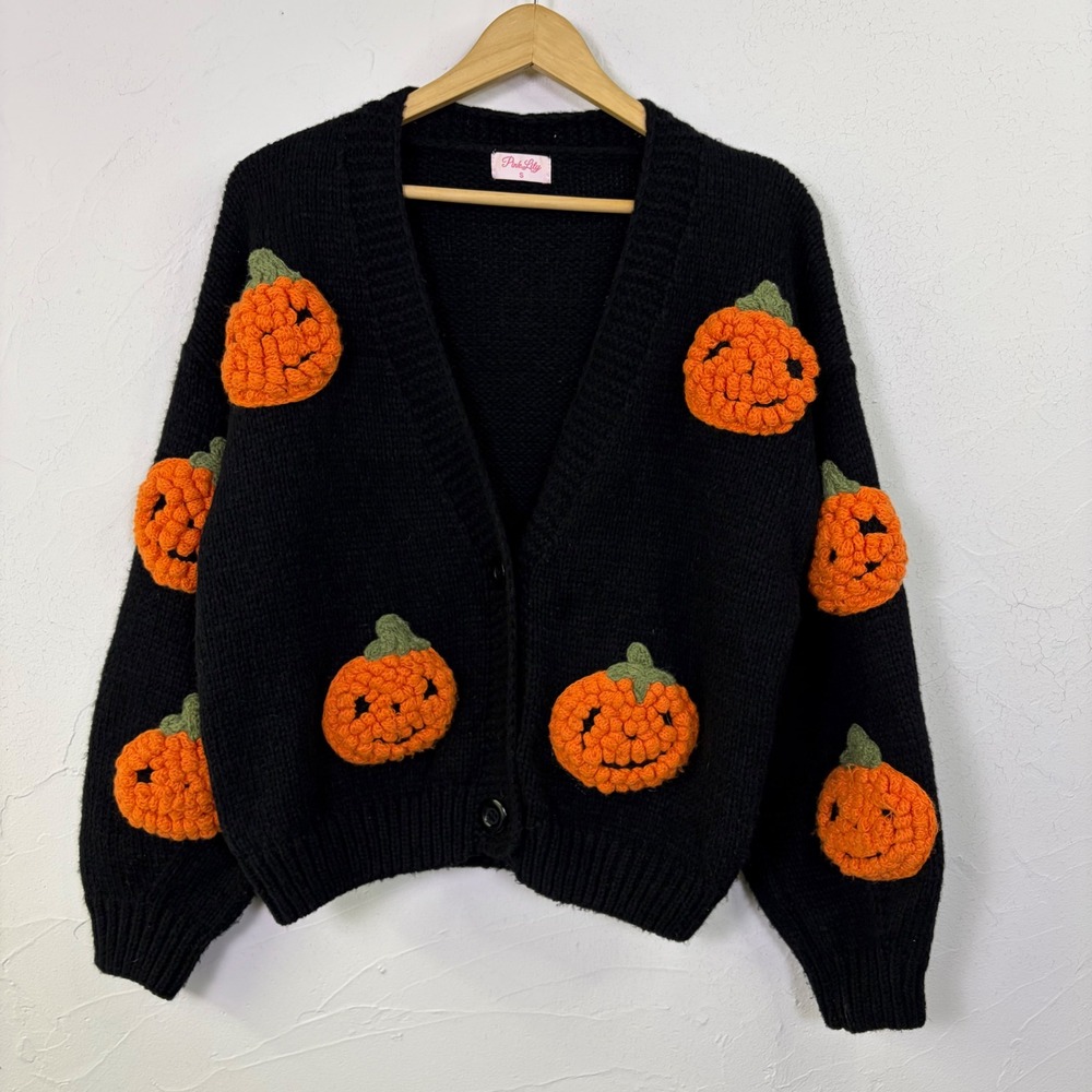 Pink Lily Pumpkin Patch Cardigan Women Small Black Crochet Jack O Lantern Spooky